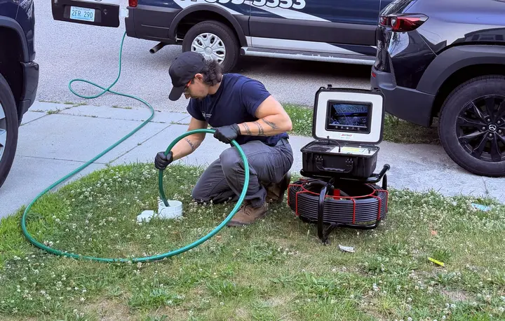 Honest Drain technician feeding a sewer camera through an accessible cleanout